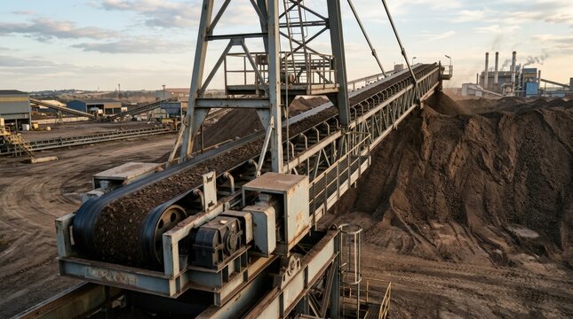 Medium shot of a stackerreclaimer conveyor in operation with engineered frames and belt drives efficiently handling stockpiled materials in a heavy industry setting.
