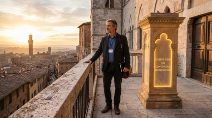 Obraz premium Heritage Preservation Specialist Overlooks Historic City at Sunset
