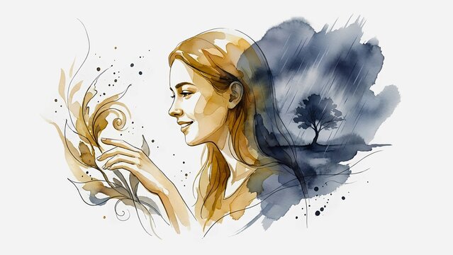 Bipolar Disorder and Mental Health Watercolor Illustration of Woman with Mood Swings