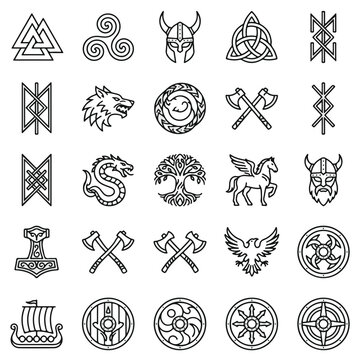 Viking Norse Mythology Symbols and Elements Line Art Icons Collection