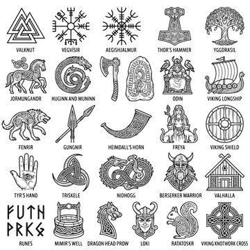 Viking Norse Mythology Symbols Gods Creatures and Artifacts Collection for Design
