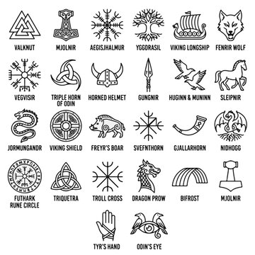 Viking Norse Mythology Symbols Icon Collection for Cultural Designs and Historical Graphics