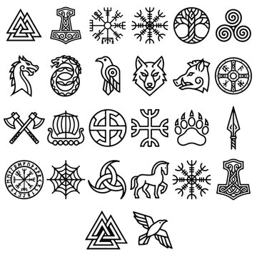 Viking and Norse Mythology Line Art Symbols Collection for Modern Graphic Design Projects and Tattoos