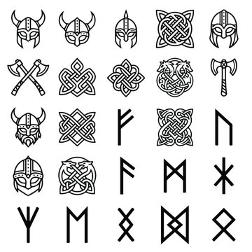 Viking Ancient Norse Symbols Helmets Axes and Runes Collection Graphic Elements