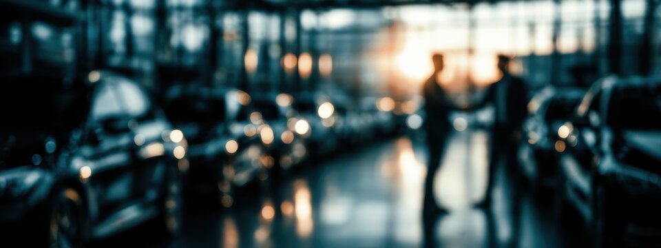People shake hands in a car dealership at sunset while cars are lined up in the background with soft light coming through the windows