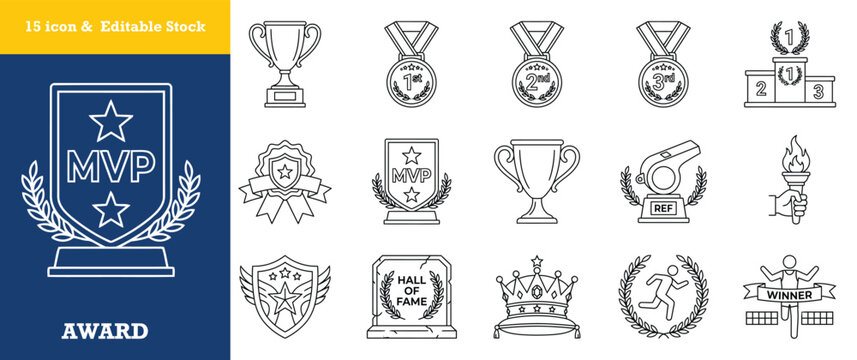 Set of award icons trophy medal shield winner and sports symbols line art.