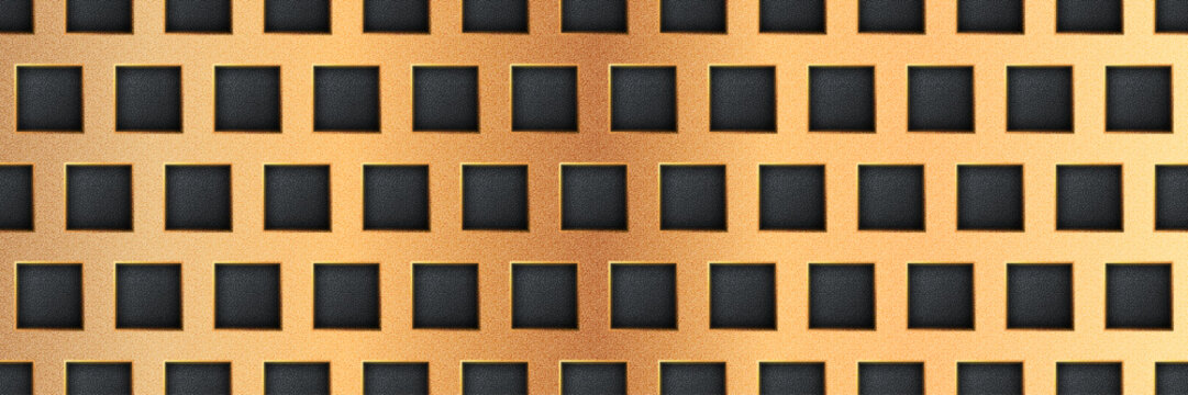 Bronze seamless perforated metal sheet realistic texture. Metal chrome grill plate with squares holes. Modern design carbon radiator bg. Macro speaker radiator. Vector illustration