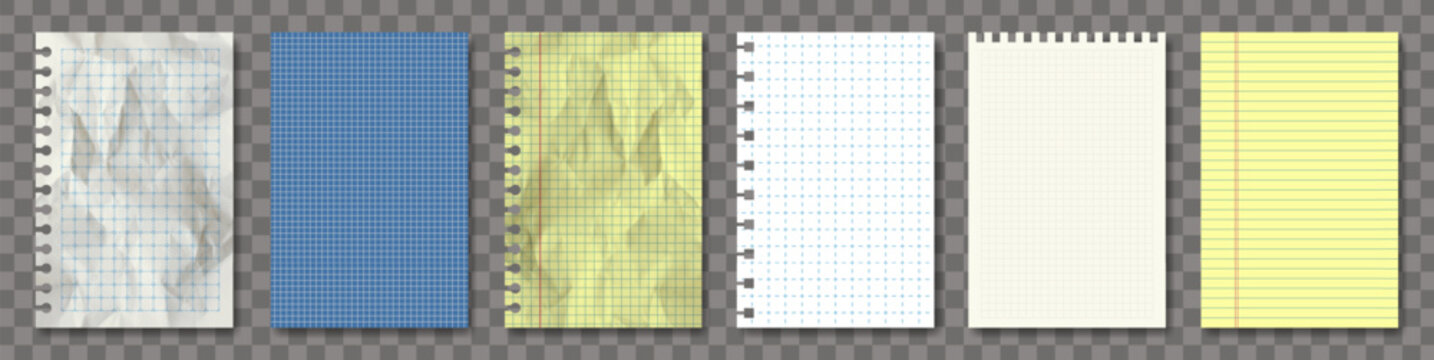 Vector realistic note paper pack isolated. White, retro, yellow and blue. New, torn, crumpled, jagged blueprint empty notebook sheets. Grid lines, cross, dash, checkered legal A4 memo template set