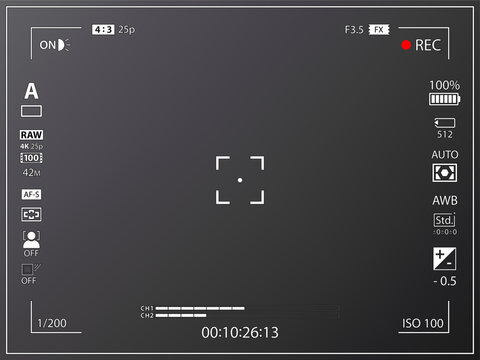 Modern photo or videocamera focusing screen isolated - digital, mirrorless, DSLR, cameraphone. Viewfinder camera recording. 8K ready detailed template. Realistic black style overlay isolated. Vector i