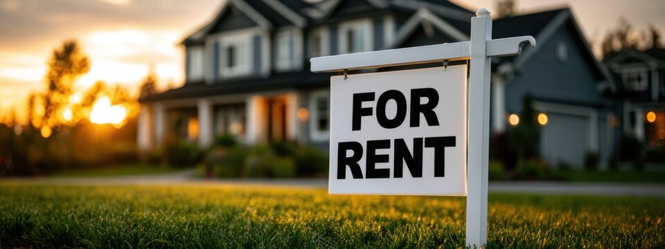 House with for rent sign during sunset near residential area in a suburban neighborhood