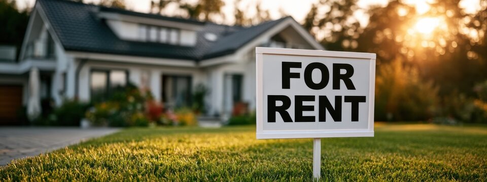 House available for rent with a sign in front during sunset in a residential area