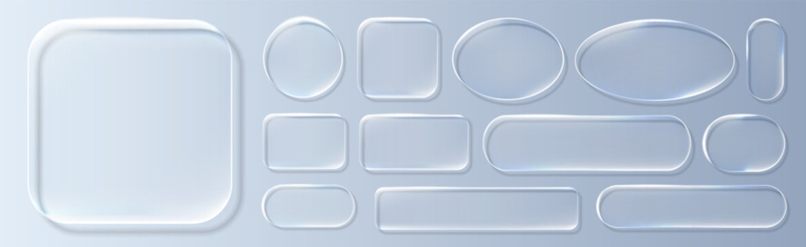 Realistic blue glassmorphism style basic IU mockup elements isolated on transparent background. Neon glass transparent frame collection. Blur grass style shapes template design. Vector illustration