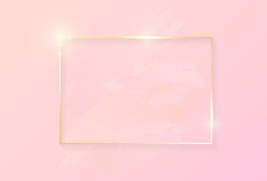 Gold shiny glowing rectangle frame with rose pastel brush strokes isolated on pink background. Golden luxury line border for invitation, card, sale, fashion, wedding, photo etc. Christmas and New Year