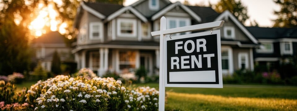 House for rent sign in front of a home with flowers and sunset in the background