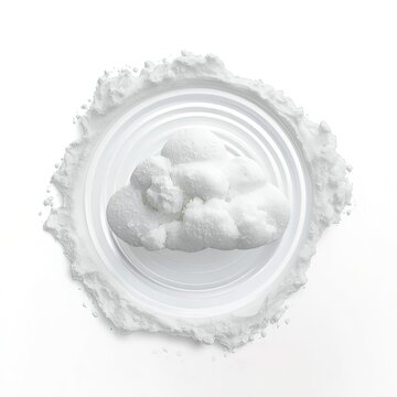 Conceptual vision of a delicate cloud sculpted from fine white powder, elegantly presented in a clear glass dish amidst a dust-like halo, embodying abstract purity and lightness