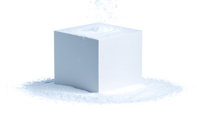 A white cube is partially covered in a fine powder, with more powder falling from above, all against a clean white backdrop