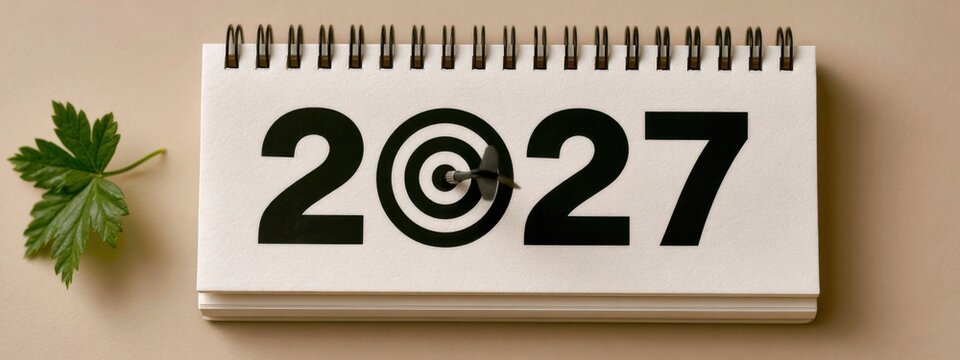 Calendar page shows the year 2027 with a target symbol and a green leaf on a light background