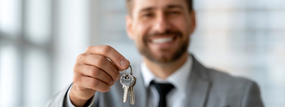 Man holds keys with a smile in a modern office building during a bright day
