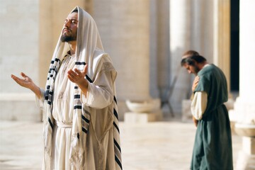 Obraz premium Pharisee and Tax Collector Praying in a Temple, Illustrating Humility and Repentance, Captured in a Serene and Tranquil Biblical Parable Scene.