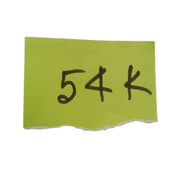 Small piece of green torn paper with 54k written on it isolated on a transparent background