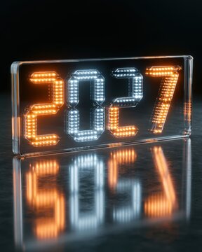 Display shows the year 2027 in bright lights on a dark surface with reflections visible
