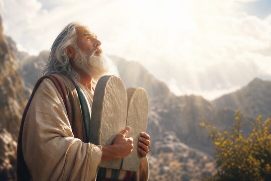 Moses Receiving the Ten Commandments on Mount Sinai, Portraying a Serene and Solemn Moment of Divine Revelation and Covenant.