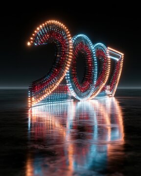 Bright lights form the number 2027 on a reflective surface with dark background in an indoor setting
