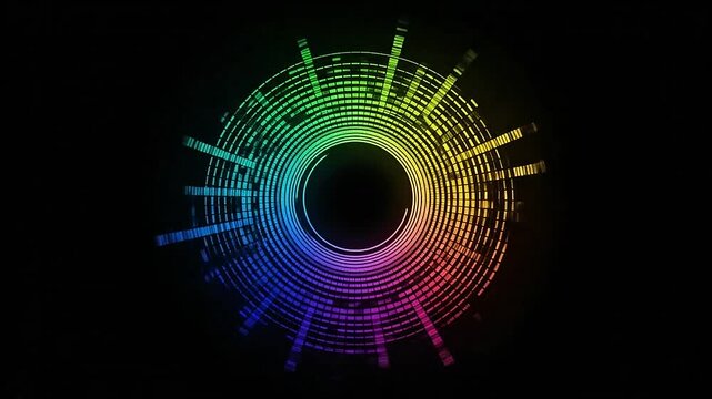 A vibrant circular audio equalizer visualization glows against a dark background