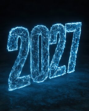 Digital representation of the year 2027 with glowing lines in a dark background