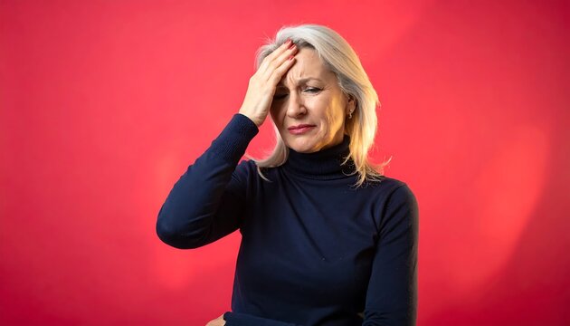 Woman with Hand on Forehead Against Red Background