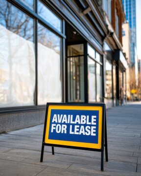 Sign in front of a store shows available for lease near a city street during the day