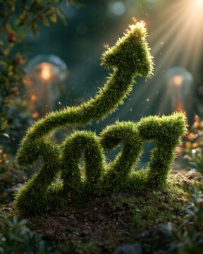Growing number 2021 made of green grass with an upward arrow symbolizing progress in a forest at sunset