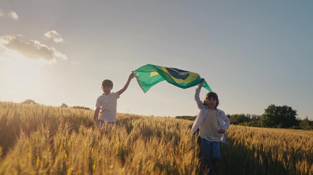 Brazilian little kids - soccer fans children running with national flag on nature field background at summer sunset. Brazil celebration banner, holidays in America.Brazil, Brazilian, Brazil, soccer, f