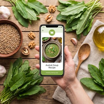 Top view of smartphone with recipe app next to fresh Aveluk ingredients