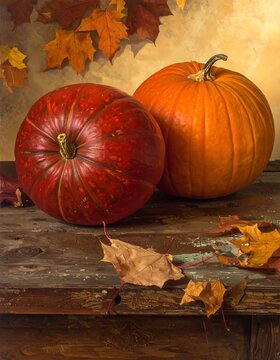Pumpkins Sitting on a Wooden Table with Autumn Leaves