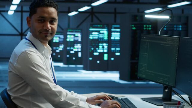 Administrator checks infrastructure performance in a technical server hub, connecting performance oversight, system reliability and database reliability within routine server room management