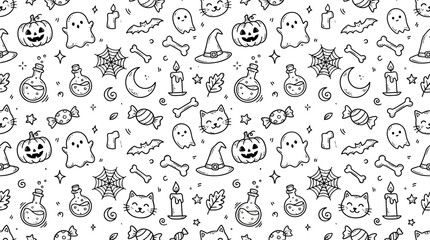 Cute halloween seamless pattern with ghosts pumpkins bats spider webs witch hats and candies in black with featuring halloween icons displays whimsical black white seamless magic potion background © craftsby.ib