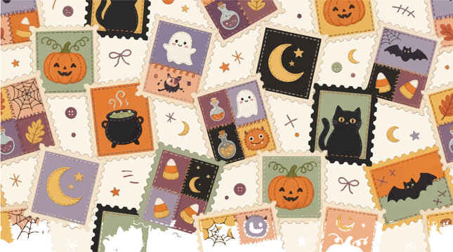 Cute halloween postage stamp seamless pattern with pumpkins ghosts black cats and candy corn on a textured beige background for festive designs with displays charming collection vintage style postage