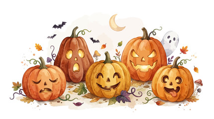 Whimsical halloween jack o lanterns collection with cute ghost and bats illustration for festive seasonal decor and greeting card design elements featuring hand drawn style pumpkins with autumn leaves © craftsby.ib