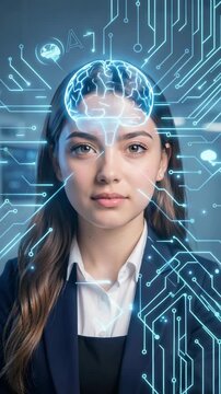 A young woman with a futuristic digital interface overlay on her head, suggesting advanced technology and artificial intelligence integration.