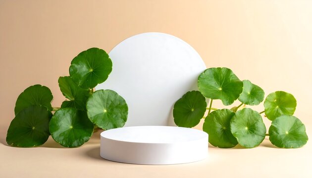 A white cylindrical platform is placed in front of a white semi-circle, surrounded by green, round leaves against a neutral beige background