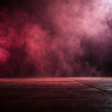 Crimson smoke and dark wooden floor create an abstract blurred background texture red gradient atmospheric