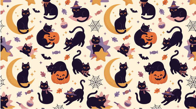 Seamless halloween pattern with cute black cats pumpkins and stars on cream background for festive holiday fabric with stars whimsical flat vector illustration style pumpkins crescent moons wrapping