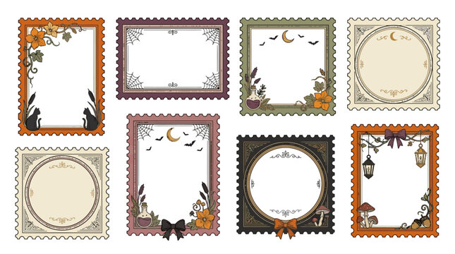Set of decorative halloween postage stamp frames with magical elements and whimsical botanical illustrations for spooky creative projects with displays collection eight botanical accents vintage web