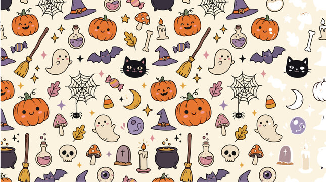 Seamless halloween pattern with cute pumpkins ghosts brooms witch hats black cats spiders and magic potions on cream background with spider web celebration witchcraft mushroom cartoon texture with fun