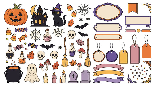 Hand drawn halloween decorative element collection featuring spooky icons labels and festive seasonal symbols for creative graphic design projects and holiday themed paper crafting with illustration