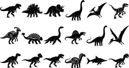 Collection of black silhouettes featuring various dinosaur species, prehistoric animals, and ancient creatures for graphic design, image_154b5f.png © MdSaiful