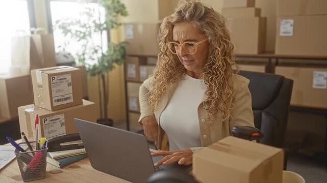 Woman typing on laptop and packing shipping boxes, fingers on keys, barcode scanner on desk in building; small business concern.