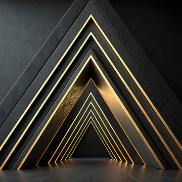 Geometric arrangement of converging black and gold lines a 3d architectural rendering shapes angled planes