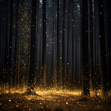 Dark forest scene with glowing particles and tall tree trunks atmospheric lighting abstract background birch